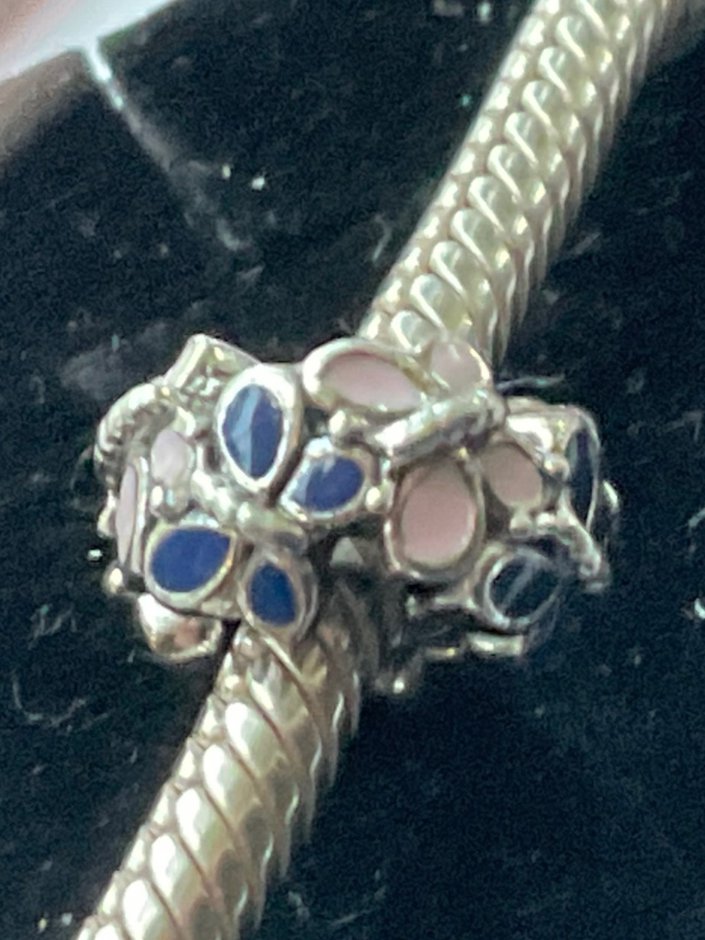 Pandora Silver Bracelet Charm with Blue and Pink Enamel Flowers